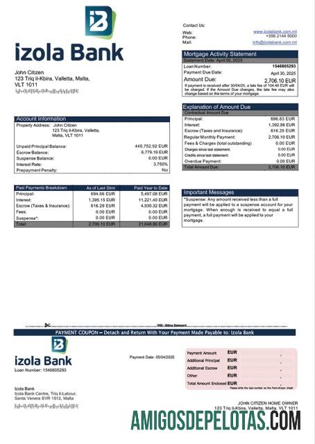 em branco Modelo Word e PDF de extrato de hipoteca do Malta Izola Bank